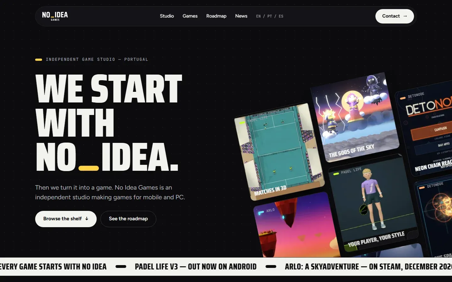Página inicial do site No Idea Games